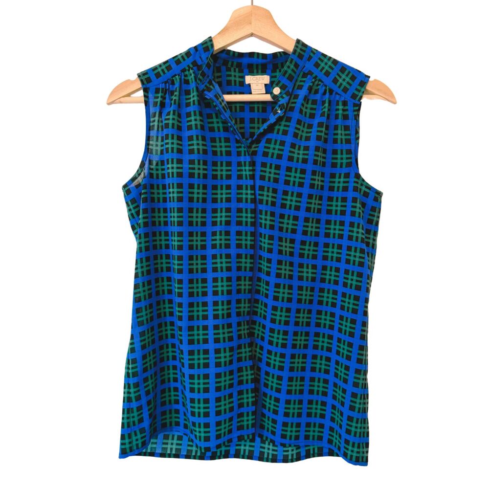 J. Crew Preppy Coastal Sleeveless Blue/Green Plaid Button Down Blouse 00 / XS